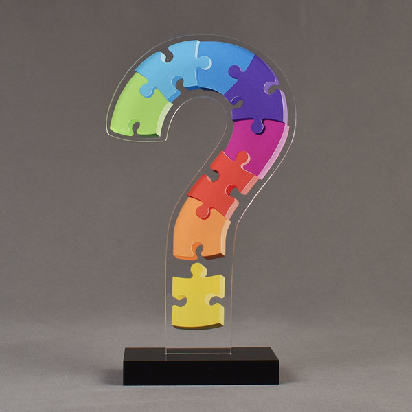 LaserCut™ Acrylic Award in the shape of a question mark printed in full color.